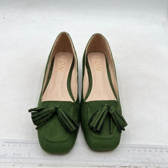 YDN Women Chunky Block Low Heel Loafers Square Toe Tassel Fringed Pumps Green - Picture 3 of 8
